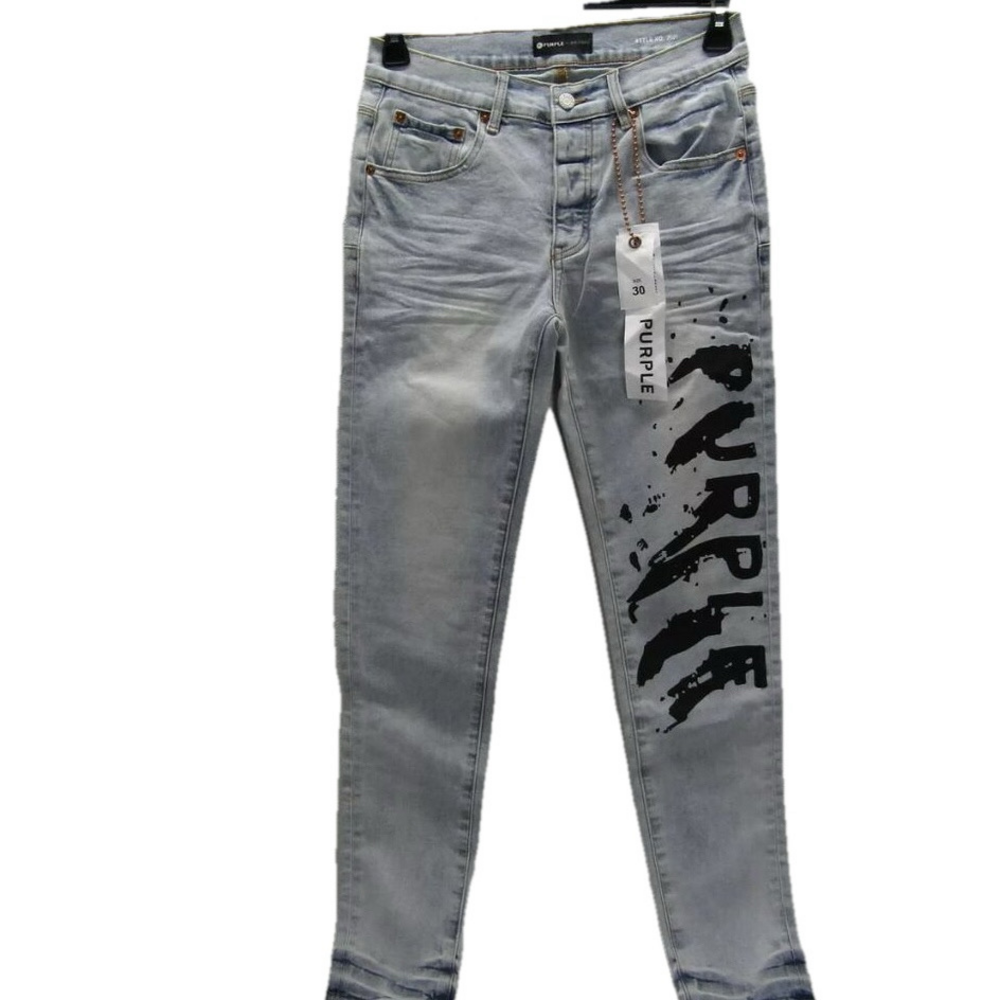 NEW PURPLE BRAND Mens P001 Flocked Painted Wordmark Jeans Size 32 LIght Blue